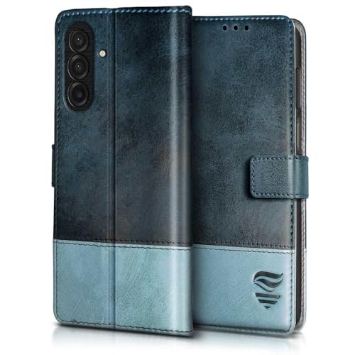 FLIPPED Vegan Leather Flip Case Back Cover for Samsung Galaxy M17 5G | A17 5G | F17 5G (Flexible, Shock Proof | Hand Stitched Leather Finish | Card Pockets Wallet & Stand | Blue with Aquamarine) - Image 2