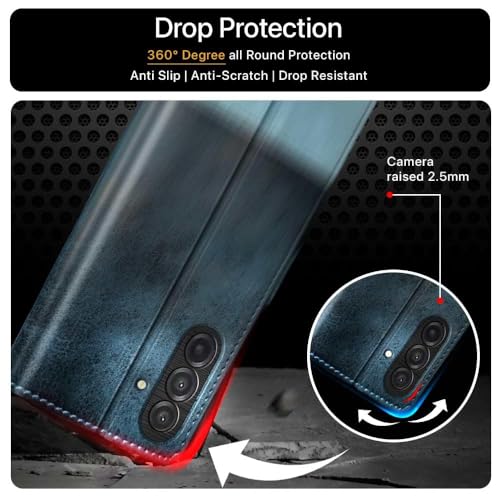 FLIPPED Vegan Leather Flip Case Back Cover for Samsung Galaxy M17 5G | A17 5G | F17 5G (Flexible, Shock Proof | Hand Stitched Leather Finish | Card Pockets Wallet & Stand | Blue with Aquamarine) - Image 4