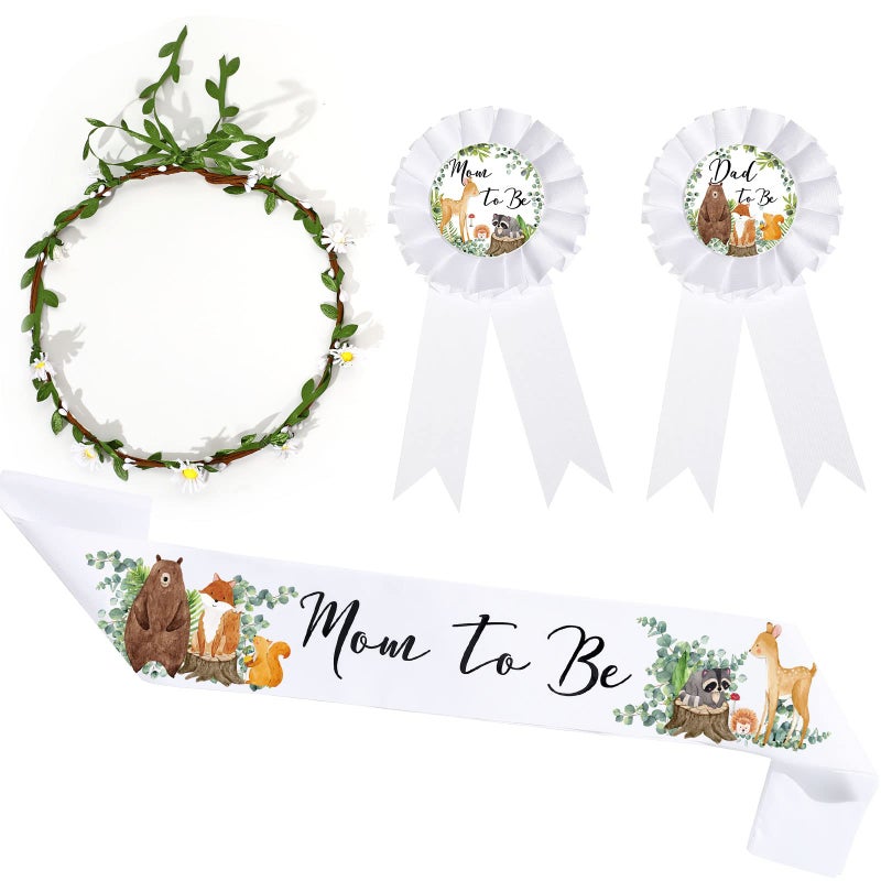 Xinnun 4 Pieces Mom to Be Sash Baby Shower Decor for Mommy and Dad Corsage Pin with Flowers Crown for Party Gender RevealWhiteWoodland Animal