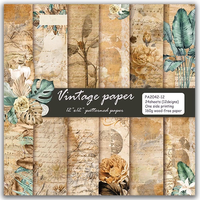 GOMTYEA Scrapbook Paper 12x12 inch - Vintage Botanical Floral Double Sided Pattern Designer Decoupage Craft Paper Pads for Gift Wrapping Card Making Photo Collage Album Wedding Home - Image 1