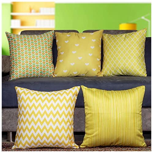 Vendola Decorative Satin Sofa Cushion Covers Set of 5, 24 Inch x 24 Inch, Sofa Pillow Cover, Yellow and White, Floral Design, Zipper Closure (Marigold, 24X24 Inches) - Image 1