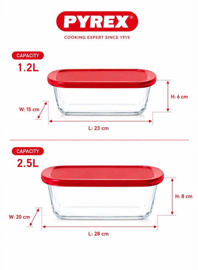 بيريكس Pyrex Cook&Store Set of 2 Rectangular Glass Roasters with Red Lids, 1.2L & 2.5L Borosilicate Glass Baking Dishes, Oven, Freezer & Food Storage Containers - Image 2