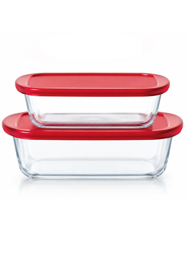 بيريكس Pyrex Cook&Store Set of 2 Rectangular Glass Roasters with Red Lids, 1.2L & 2.5L Borosilicate Glass Baking Dishes, Oven, Freezer & Food Storage Containers - Image 1