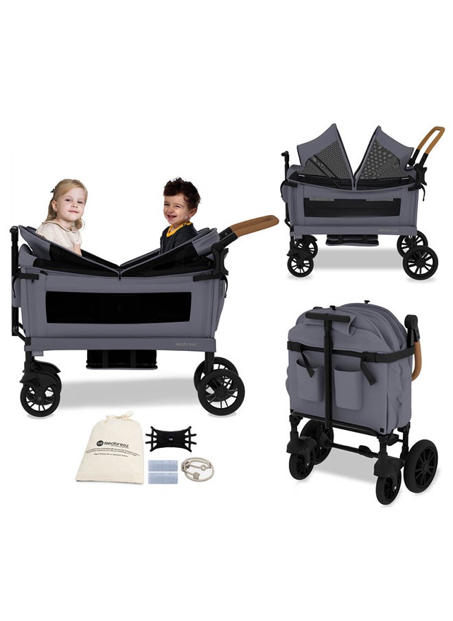 neobreez ADVI Wagon Cargo Push Pull Foldable Stroller For 2 Kids, UV And Waterproof Removable Canopy, Gift And String Bag, Phone Holder, 2in1 Cup Holder, Toy Strap, Reflective Stickers, 6m to 4yrs, 44kg, 3yrs Warranty  - Image 1