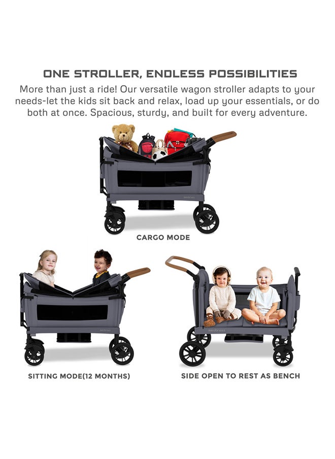neobreez ADVI Wagon Cargo Push Pull Foldable Stroller For 2 Kids, UV And Waterproof Removable Canopy, Gift And String Bag, Phone Holder, 2in1 Cup Holder, Toy Strap, Reflective Stickers, 6m to 4yrs, 44kg, 3yrs Warranty  - Image 5