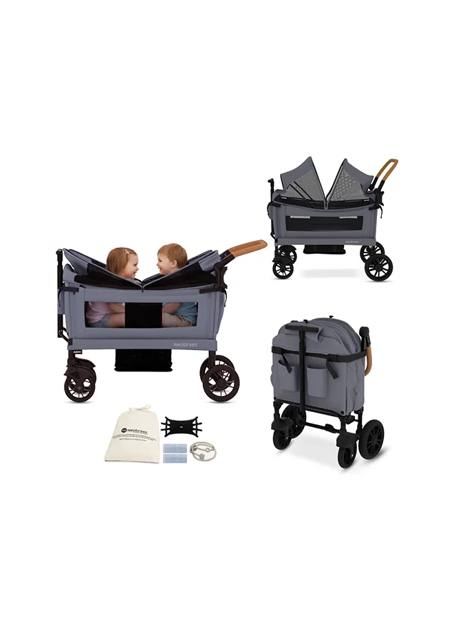 neobreez ADVI Wagon Cargo Push & Pull Foldable Double Stroller For 2 Kids, Waterproof UPF 50+ Removable Canopy, 2in1 Cup Holder, 6m-4yrs, 44kg,  3yrs Warranty