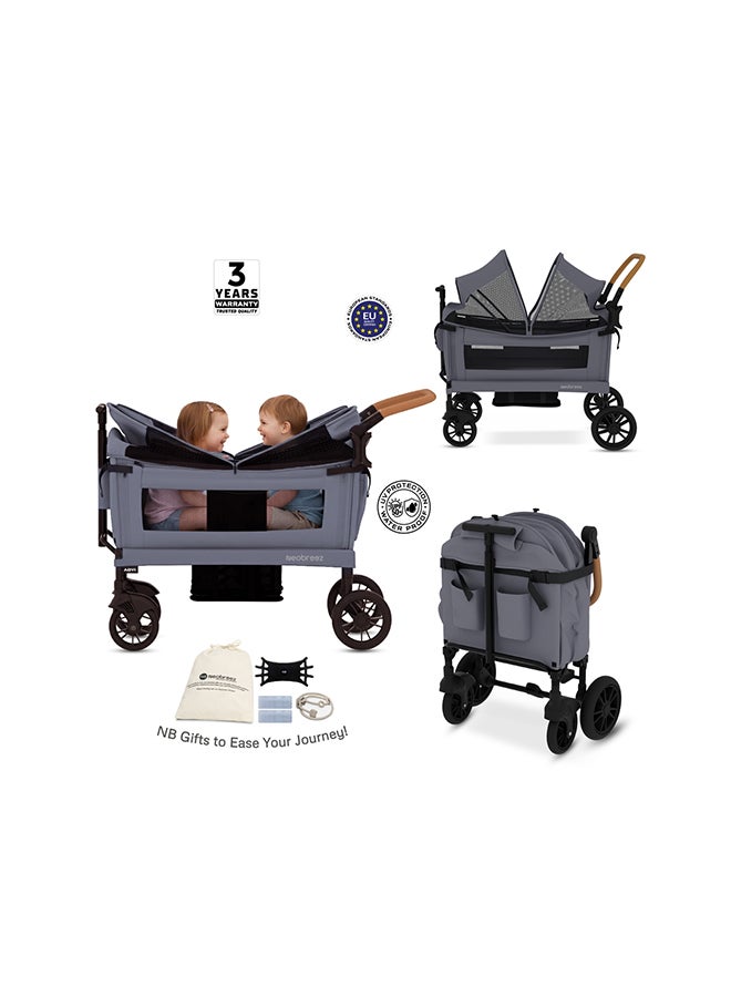 neobreez ADVI Wagon Cargo Push & Pull Foldable Double Stroller For 2 Kids, Waterproof UPF 50+ Removable Canopy, 2in1 Cup Holder, 6m-4yrs, 44kg,  3yrs Warranty - Image 3