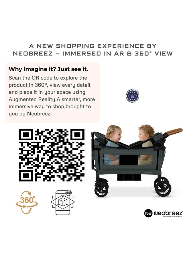 neobreez ADVI Wagon Cargo Push & Pull Foldable Double Stroller For 2 Kids, Waterproof UPF 50+ Removable Canopy, 2in1 Cup Holder, 6m-4yrs, 44kg,  3yrs Warranty