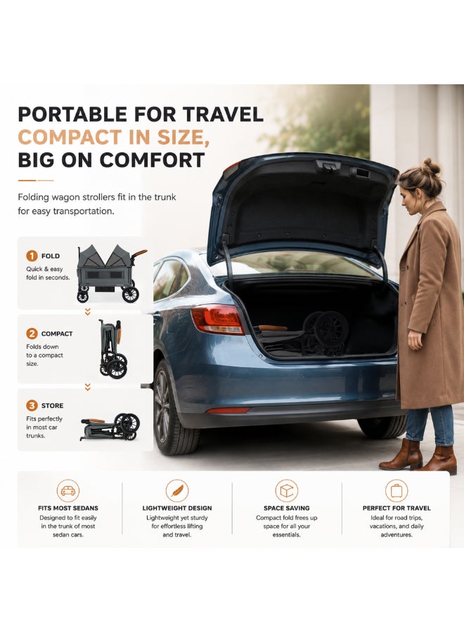 neobreez ADVI Wagon Cargo Push & Pull Foldable Double Stroller For 2 Kids, Waterproof UPF 50+ Removable Canopy, 2in1 Cup Holder, 6m-4yrs, 44kg,  3yrs Warranty - Image 4