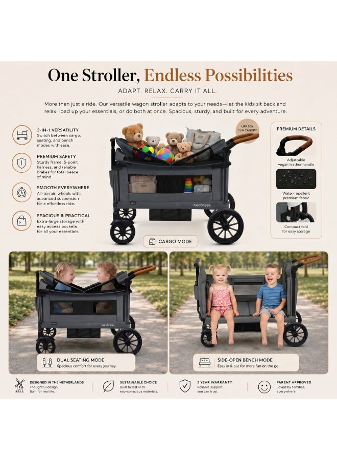 neobreez ADVI Wagon Cargo Push & Pull Foldable Double Stroller For 2 Kids, Waterproof UPF 50+ Removable Canopy, 2in1 Cup Holder, 6m-4yrs, 44kg,  3yrs Warranty - Image 2
