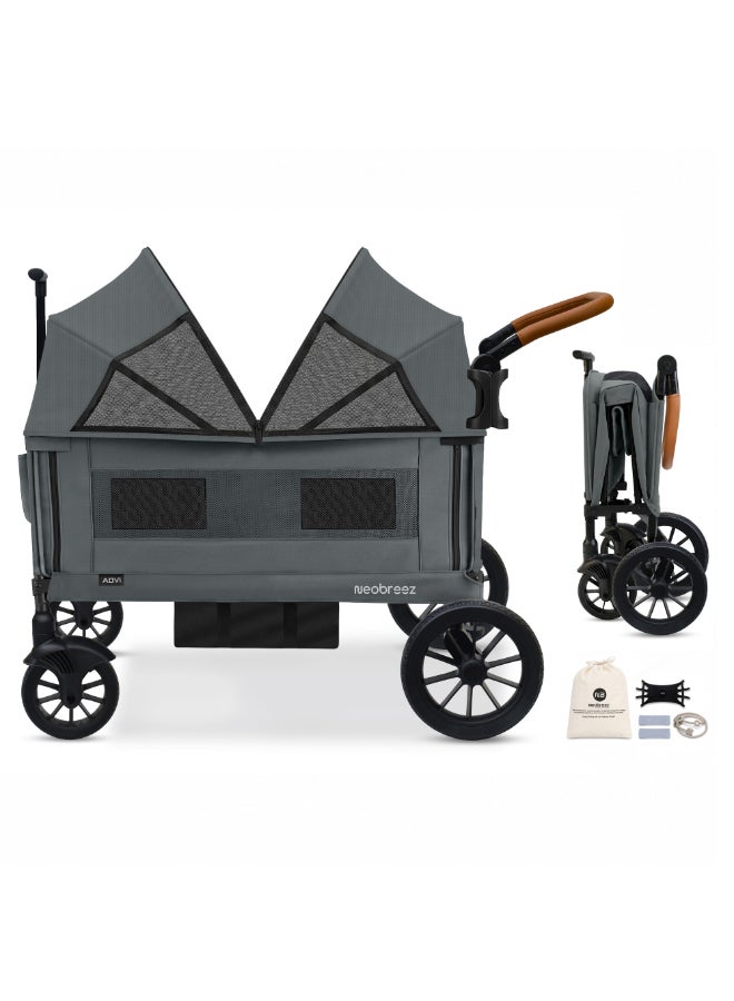 neobreez ADVI Wagon Cargo Push & Pull Foldable Double Stroller For 2 Kids, Waterproof UPF 50+ Removable Canopy, 2in1 Cup Holder, 6m-4yrs, 44kg,  3yrs Warranty - Image 1
