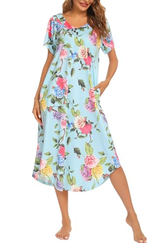 YOZLY Nightgowns for Women Short Sleeve Long Night Gowns Soft V Neck Sleepwear with Pockets, Flowers, Small - Image 2