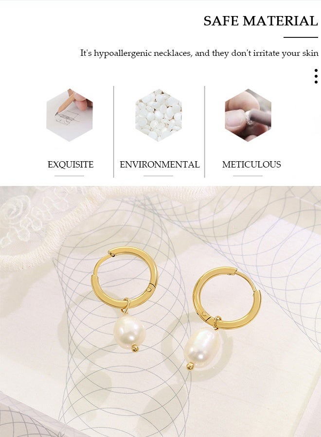 DUNISO Small Hoop Pearl Earrings for Women's, Natural Fresh-water Pearl Earrings, Dainty Pendant Earrings, Hypoallergenic Earrings, Pearl Drop Dangle Earrings for Women Girls - Image 3