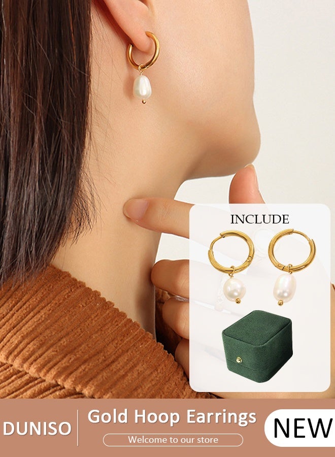 DUNISO Small Hoop Pearl Earrings for Women's, Natural Fresh-water Pearl Earrings, Dainty Pendant Earrings, Hypoallergenic Earrings, Pearl Drop Dangle Earrings for Women Girls - Image 1