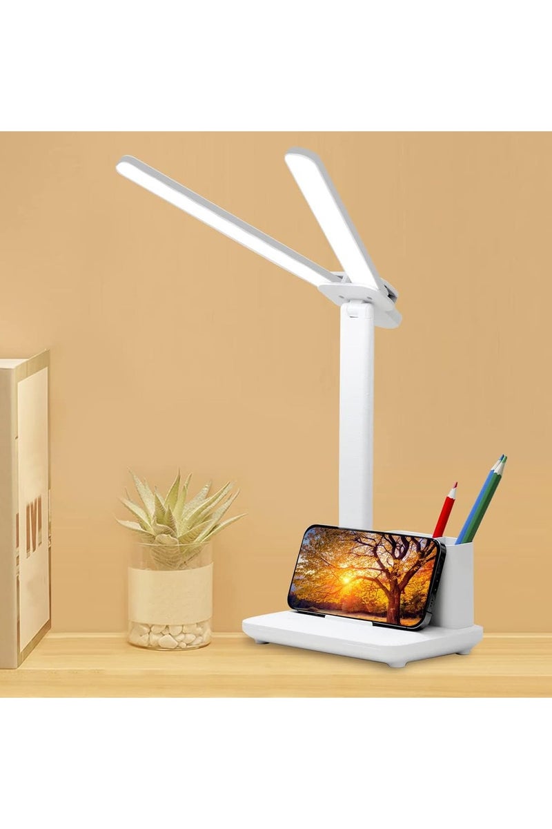 أباجورة برأس مزدوج ببطارية  للدراسة للطلاب   مصباح طاولة ليد قابل لإعادة الشحن بمنفذ USB، قابل للتعتيم 3 درجات للمنزل أبيض - Image 1
