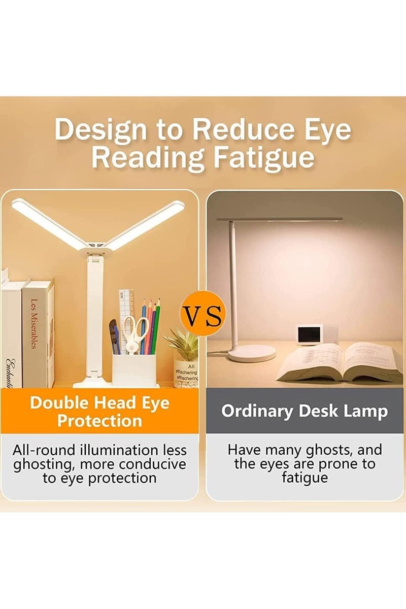 أباجورة برأس مزدوج ببطارية  للدراسة للطلاب   مصباح طاولة ليد قابل لإعادة الشحن بمنفذ USB، قابل للتعتيم 3 درجات للمنزل أبيض - Image 4