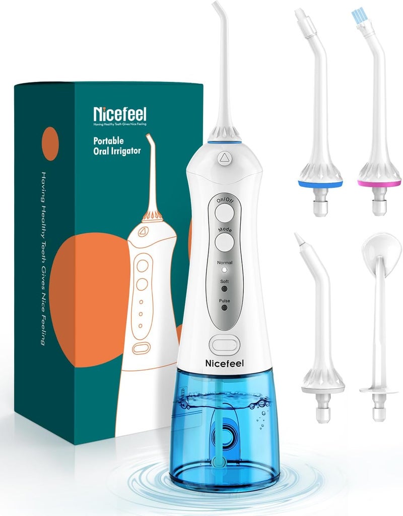 Nicefeel Cordless Water Flosser Teeth Cleaner, 300ML 2 Tip Cases Portable and USB Rechargeable Oral Irrigator for Travel, IPX7 Waterproof, 3-Mode Water Flossing with 4 Jet Tips for Home - Image 1
