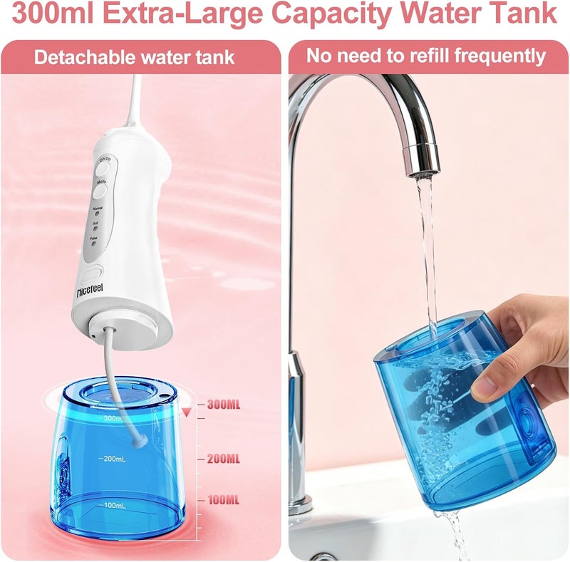 Nicefeel Cordless Water Flosser Teeth Cleaner, 300ML 2 Tip Cases Portable and USB Rechargeable Oral Irrigator for Travel, IPX7 Waterproof, 3-Mode Water Flossing with 4 Jet Tips for Home - Image 5