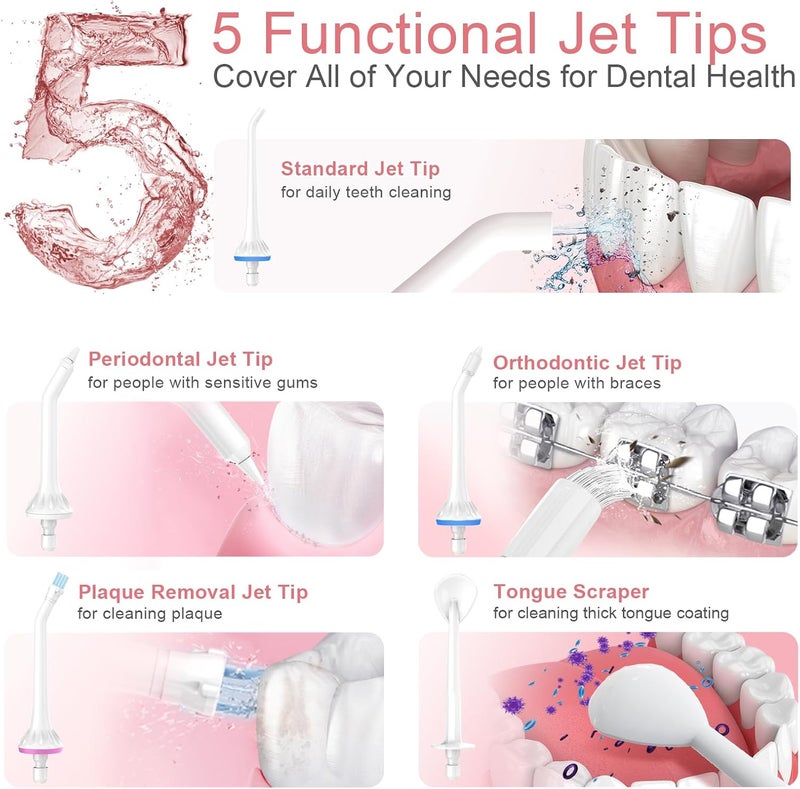 Nicefeel Cordless Water Flosser Teeth Cleaner, 300ML 2 Tip Cases Portable and USB Rechargeable Oral Irrigator for Travel, IPX7 Waterproof, 3-Mode Water Flossing with 4 Jet Tips for Home - Image 4