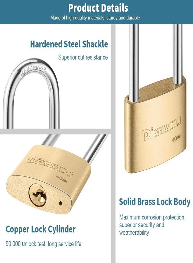 Disecu Solid Brass Keyed Padlock, 1-9/16"(40mm) Wide Body, 2.5 Inch Long Shackle Outdoor Waterproof Lock with Keys for Shed, Gate, School Gym Locker, Fence, Hasp Storage (2 Pack) - Image 3