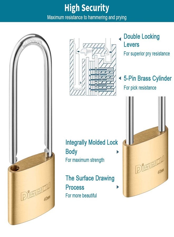 Disecu Solid Brass Keyed Padlock, 1-9/16"(40mm) Wide Body, 2.5 Inch Long Shackle Outdoor Waterproof Lock with Keys for Shed, Gate, School Gym Locker, Fence, Hasp Storage (2 Pack) - Image 4