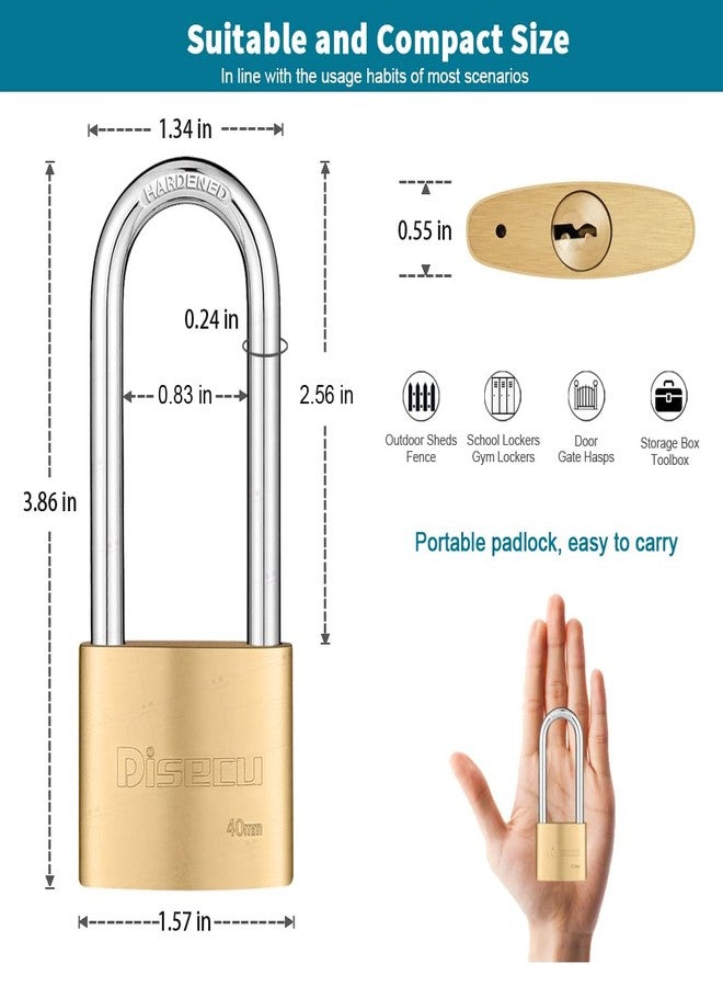 Disecu Solid Brass Keyed Padlock, 1-9/16"(40mm) Wide Body, 2.5 Inch Long Shackle Outdoor Waterproof Lock with Keys for Shed, Gate, School Gym Locker, Fence, Hasp Storage (2 Pack) - Image 2