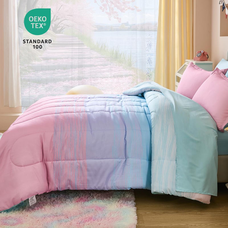 Dinjoy Girls Comforter Set Twin Size 5 Pieces Bed in A Bag Colorful Ombre Pink Green Rainbow Bedding Set for Kids Teen (1 Comforter, 1 Flat Sheet, 1 Fitted Sheet, 1 Pillow sham, 1 Pillowcases) - Image 4