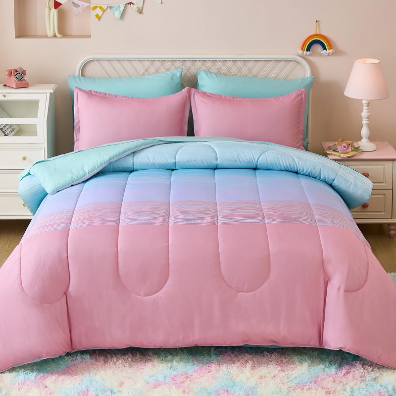 Dinjoy Girls Comforter Set Twin Size 5 Pieces Bed in A Bag Colorful Ombre Pink Green Rainbow Bedding Set for Kids Teen (1 Comforter, 1 Flat Sheet, 1 Fitted Sheet, 1 Pillow sham, 1 Pillowcases) - Image 1