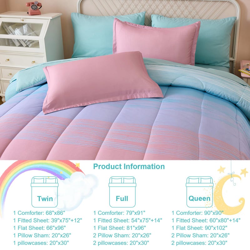 Dinjoy Girls Comforter Set Twin Size 5 Pieces Bed in A Bag Colorful Ombre Pink Green Rainbow Bedding Set for Kids Teen (1 Comforter, 1 Flat Sheet, 1 Fitted Sheet, 1 Pillow sham, 1 Pillowcases) - Image 5