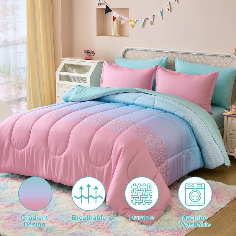 Dinjoy Girls Comforter Set Twin Size 5 Pieces Bed in A Bag Colorful Ombre Pink Green Rainbow Bedding Set for Kids Teen (1 Comforter, 1 Flat Sheet, 1 Fitted Sheet, 1 Pillow sham, 1 Pillowcases) - Image 3