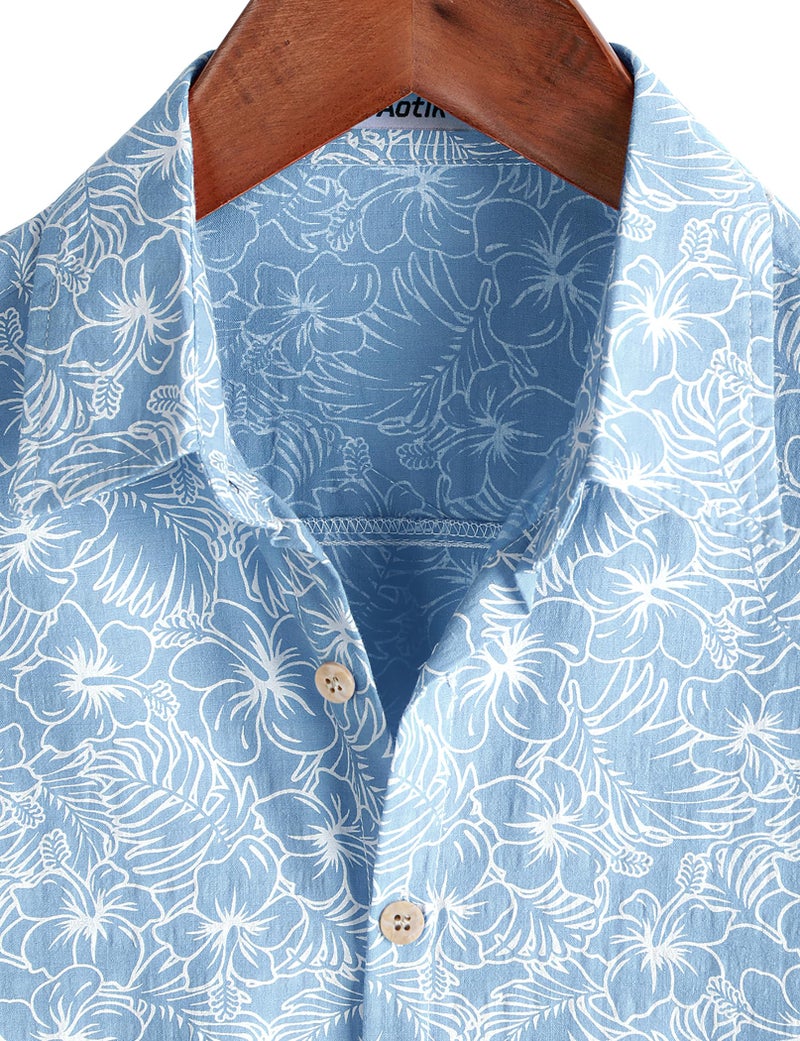 AOTIK Mens Hawaiian Shirt Short Sleeve Button Down Cotton Floral Shirts Casual Tropical Beach Summer Shirts X-Large LightBlue - Image 5
