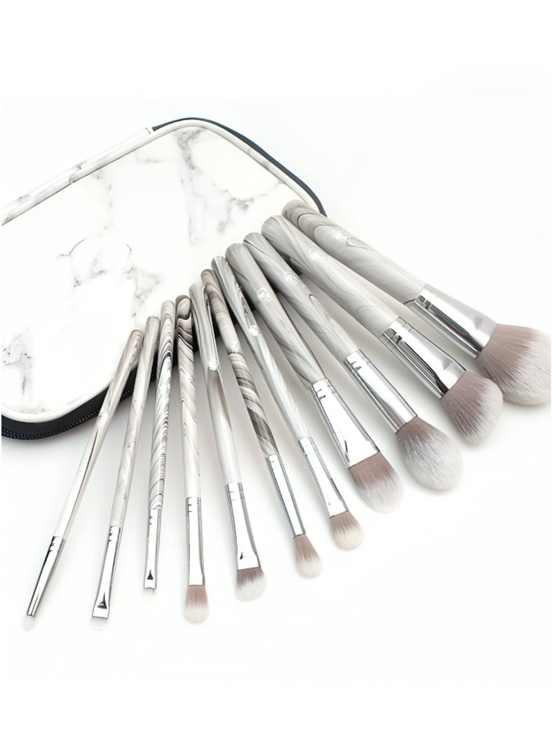 10-Piece Marble Makeup Brush Set with Silver Ferrules & Carrying Pouch – Soft Synthetic Bristles - Image 3