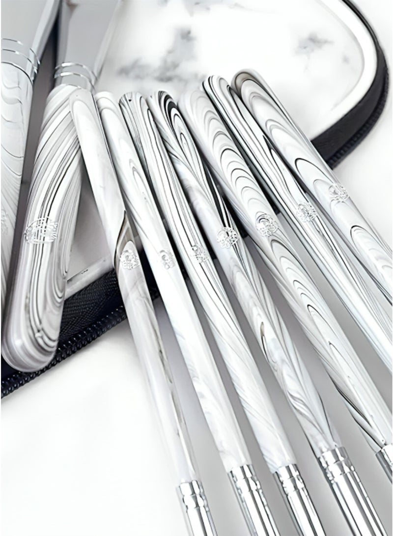 10-Piece Marble Makeup Brush Set with Silver Ferrules & Carrying Pouch – Soft Synthetic Bristles - Image 4