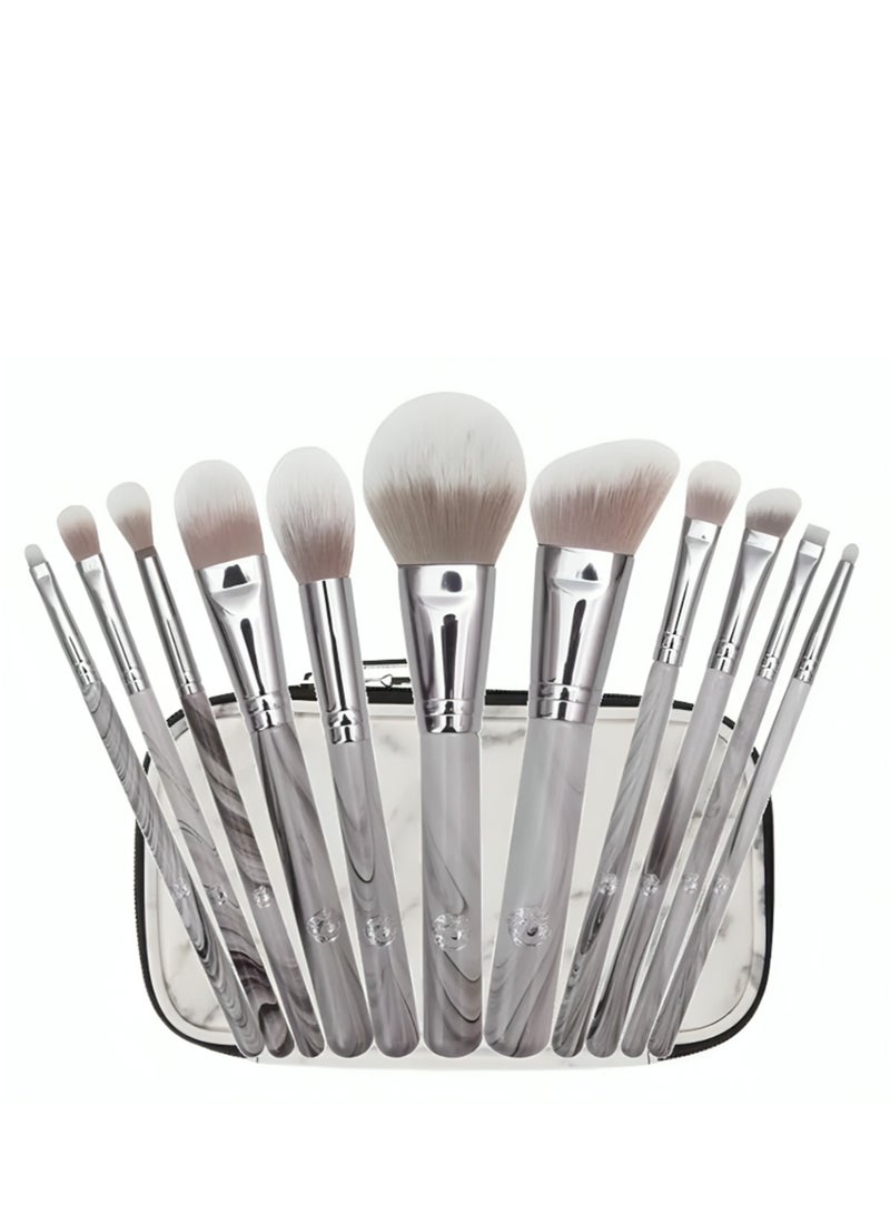10-Piece Marble Makeup Brush Set with Silver Ferrules & Carrying Pouch – Soft Synthetic Bristles - Image 2