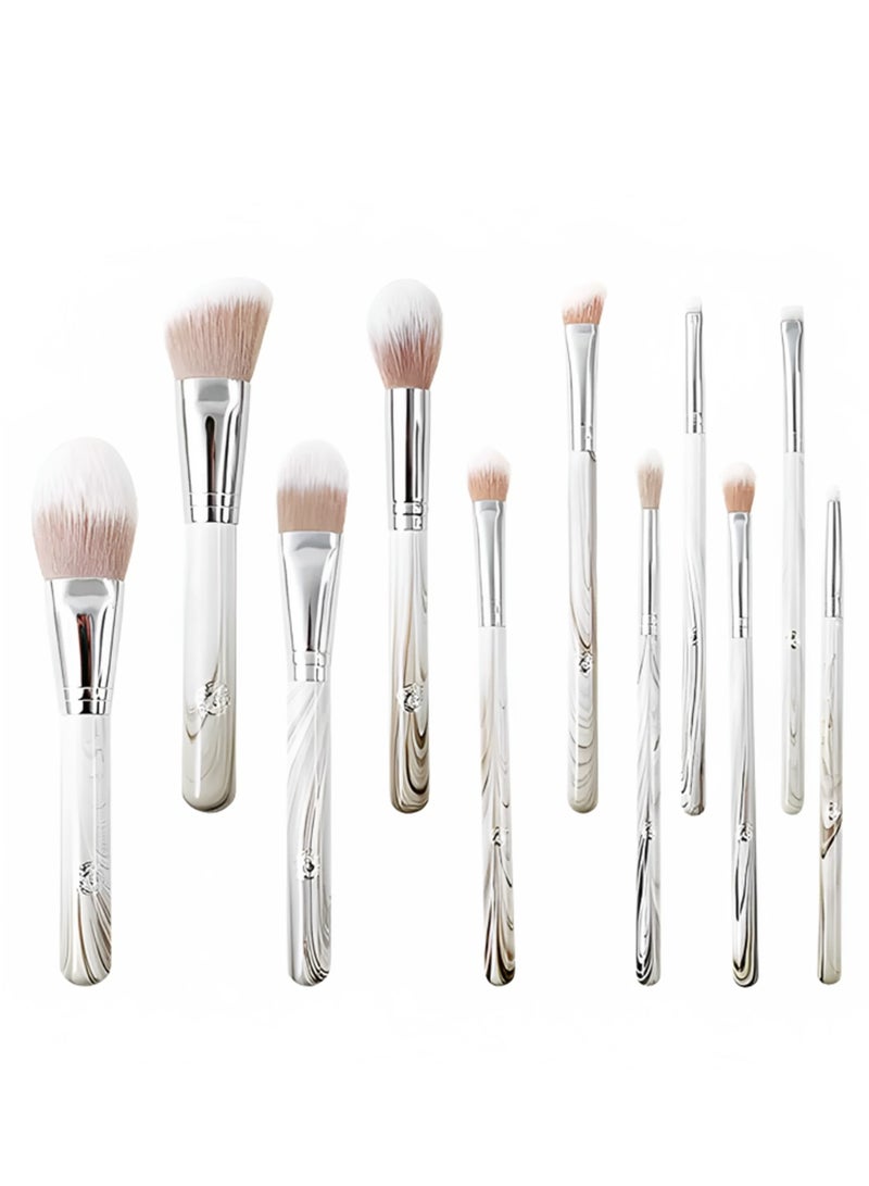 10-Piece Marble Makeup Brush Set with Silver Ferrules & Carrying Pouch – Soft Synthetic Bristles - Image 1