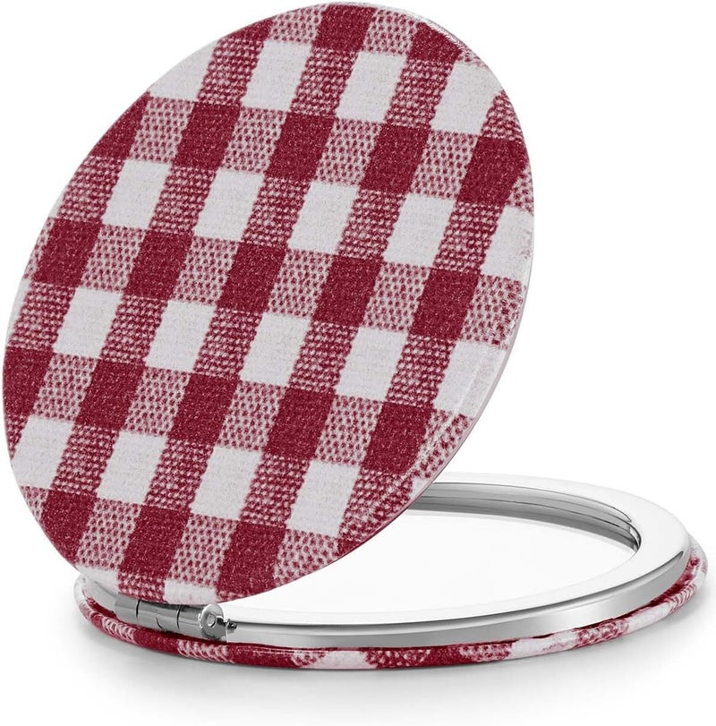 OMIRO 1X/10X Compact Magnifying Mirror, Unique Plaid Pattern Pocket Mirror with Classic PU Leather, Round, Red Plaid - Image 1