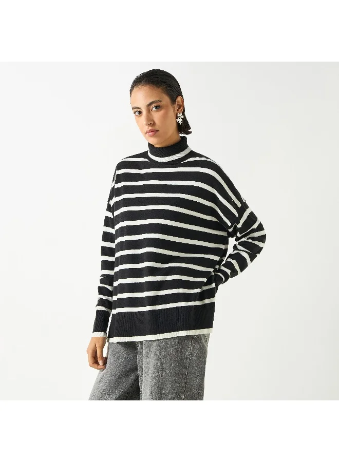 2Xtremz Oversized Striped High Neck  Sweaters