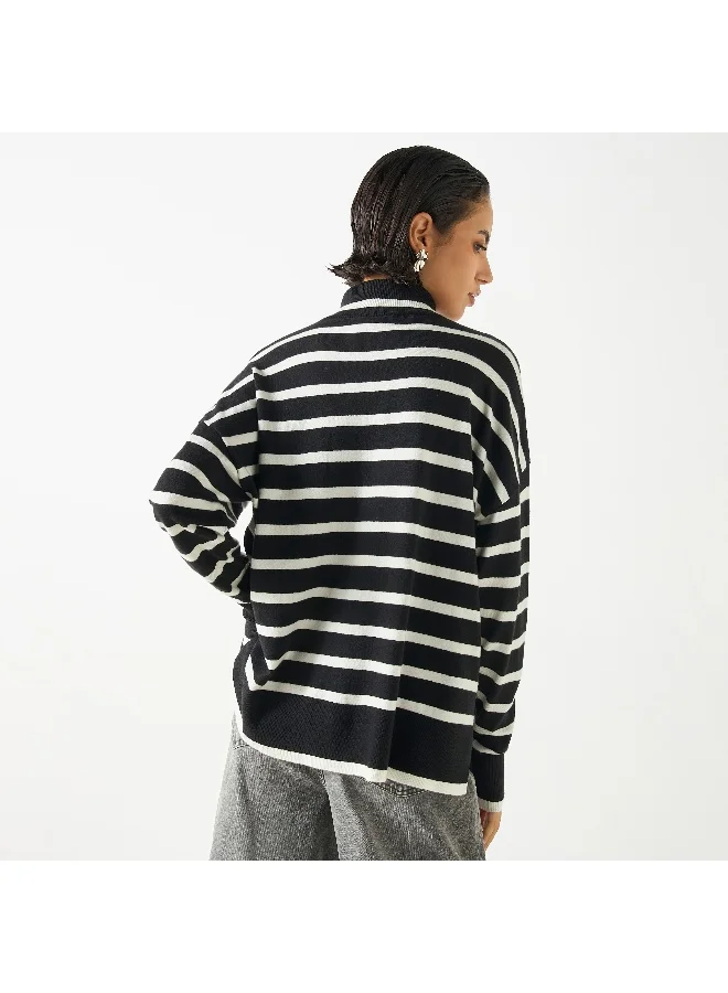 2Xtremz Oversized Striped High Neck  Sweaters