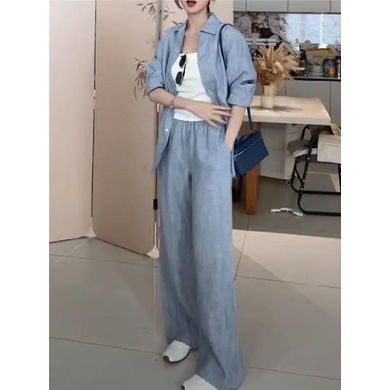 Korean Style Casual Gray-Blue Shirt and Pants Set for Women 2025 - Image 2