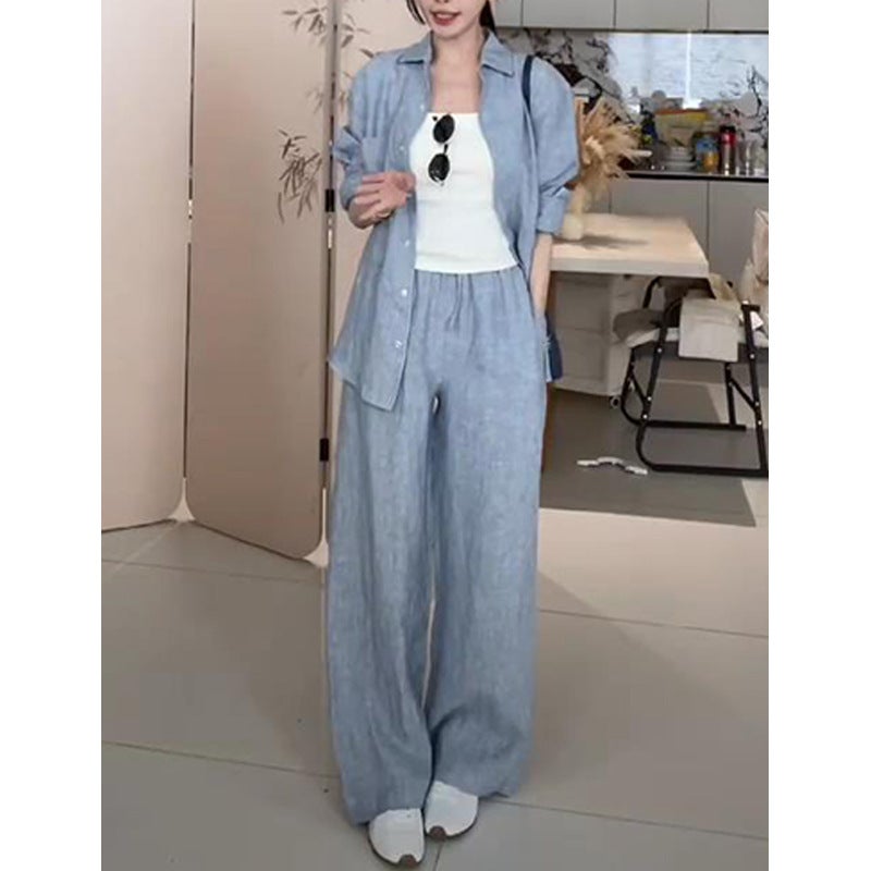 Korean Style Casual Gray-Blue Shirt and Pants Set for Women 2025 - Image 1