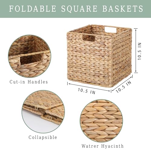 DINGTAI 10.5x10.5 Water Hyacinth Storage Baskets, Collapsible Square Wicker Baskets Cube Storage Bins for 11 Inch IKEA Kallax, Set of 3 - Image 4