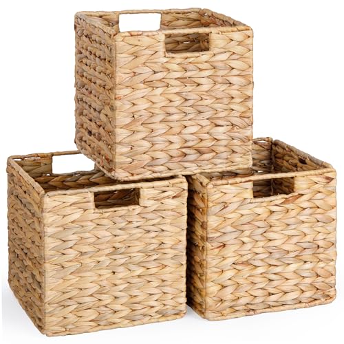 DINGTAI 10.5x10.5 Water Hyacinth Storage Baskets, Collapsible Square Wicker Baskets Cube Storage Bins for 11 Inch IKEA Kallax, Set of 3 - Image 1