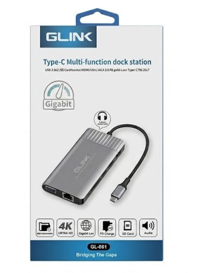 جلينك محطة توصيل متعددة الوظائف GLINK GL-081 بمنفذ Type-C، تدعم دقة 4K HDMI، إيثرنت، شحن سريع PD، وقارئ بطاقة SD - رمادي - Image 1