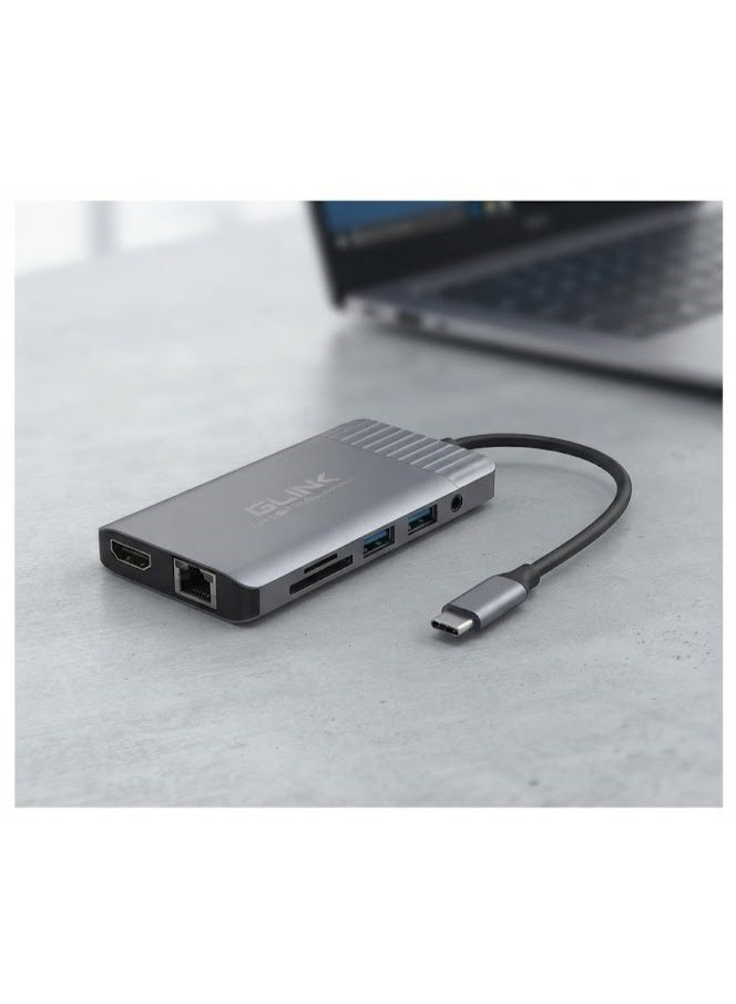 جلينك محطة توصيل متعددة الوظائف GLINK GL-081 بمنفذ Type-C، تدعم دقة 4K HDMI، إيثرنت، شحن سريع PD، وقارئ بطاقة SD - رمادي - Image 3