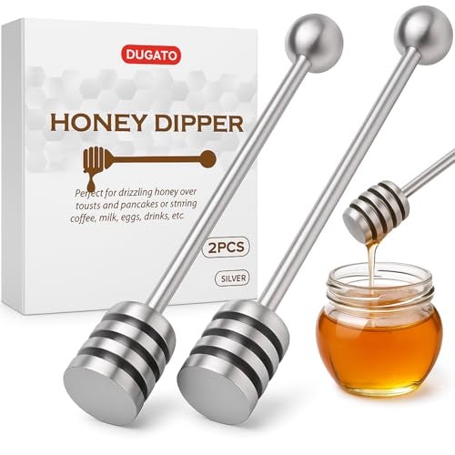 DUGATO Honey Dipper Set (2 Pack, 6.3") - 304 Stainless Steel Honeycomb Sticks for Honey Pot Jar, Syrup Drizzler, Tea & Coffee Stirrer - Elegant Kitchen Utensil (Stainless Steel) - Image 1