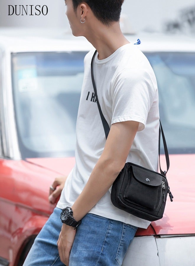 DUNISO Mini Canvas Crossbody Bag with Multiple Pockets for Men Wear-resistant Sling Bag Backpack Large Capacity Cross Body Bag Daypack for Travel Hiking Black - Image 4