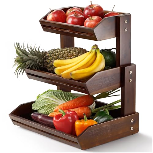 HOLANA Acacia 3 Tier Fruit Basket for Counter – Wooden Fruit Bowl for Kitchen Counter Organizer, Vegetable & Produce Storage, Wooden Basket & Snack Organizer for Countertop Storage (Walnut) - Image 1