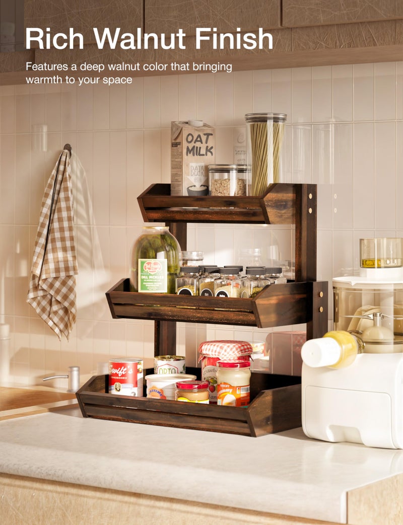 HOLANA Acacia 3 Tier Fruit Basket for Counter – Wooden Fruit Bowl for Kitchen Counter Organizer, Vegetable & Produce Storage, Wooden Basket & Snack Organizer for Countertop Storage (Walnut) - Image 4