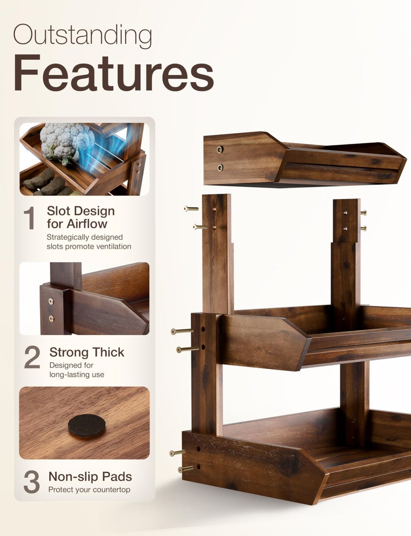 HOLANA Acacia 3 Tier Fruit Basket for Counter – Wooden Fruit Bowl for Kitchen Counter Organizer, Vegetable & Produce Storage, Wooden Basket & Snack Organizer for Countertop Storage (Walnut) - Image 2