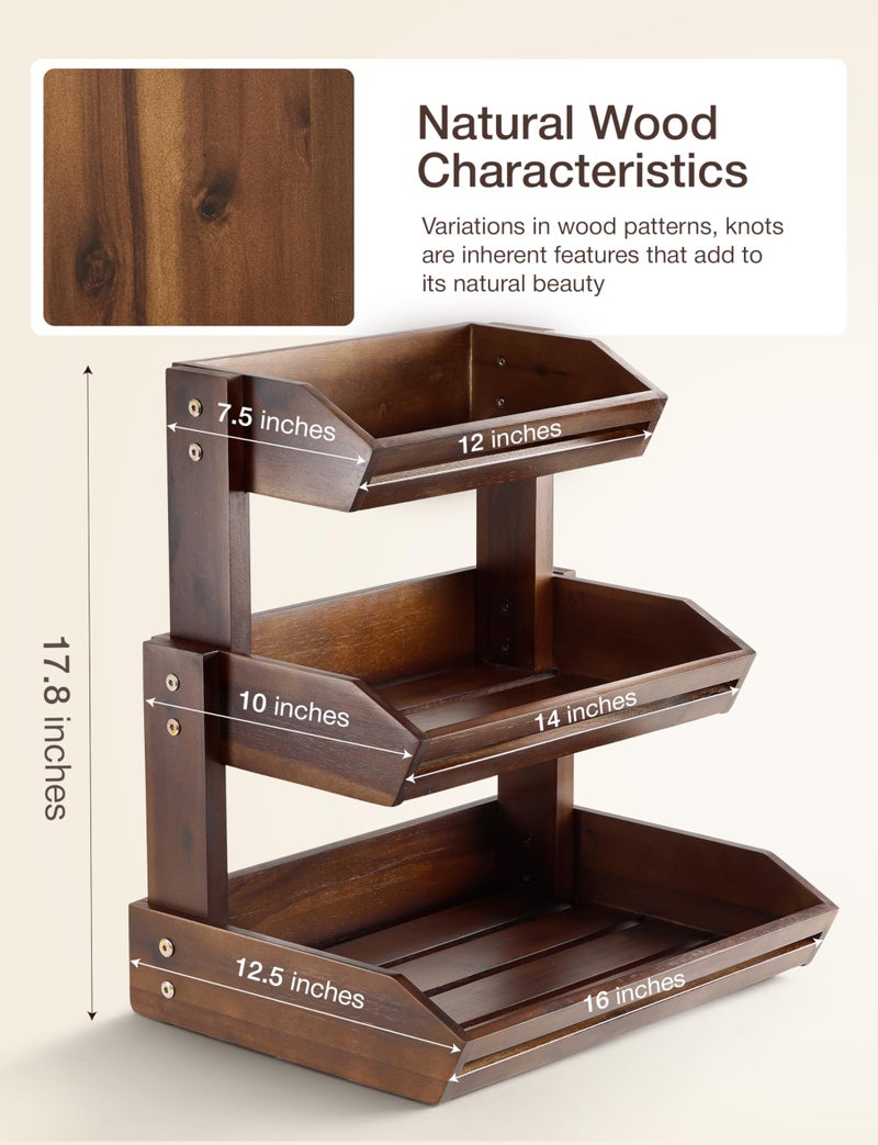 HOLANA Acacia 3 Tier Fruit Basket for Counter – Wooden Fruit Bowl for Kitchen Counter Organizer, Vegetable & Produce Storage, Wooden Basket & Snack Organizer for Countertop Storage (Walnut) - Image 3